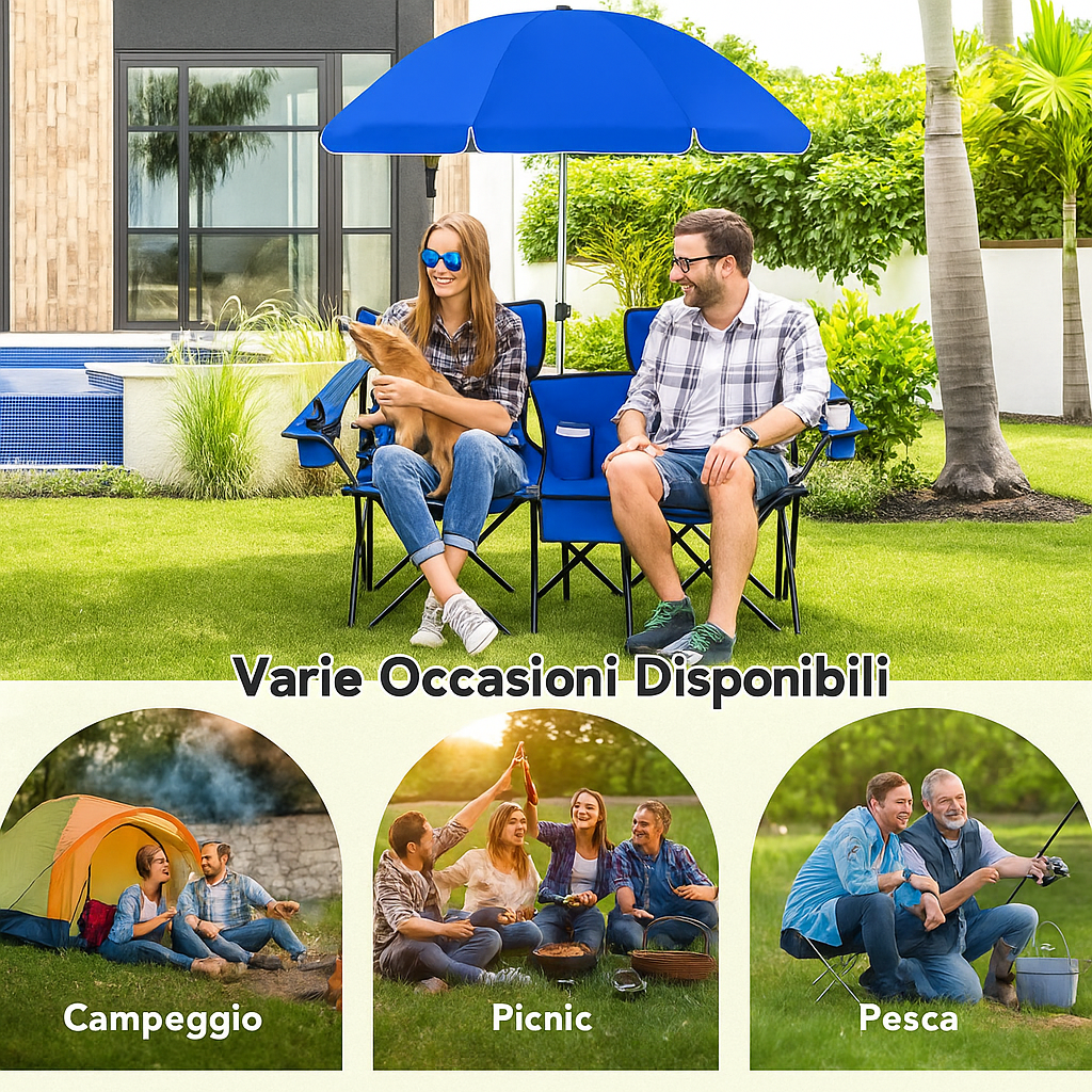 Goplus dubbele campingstoel met parasol en tafeltje 🪑