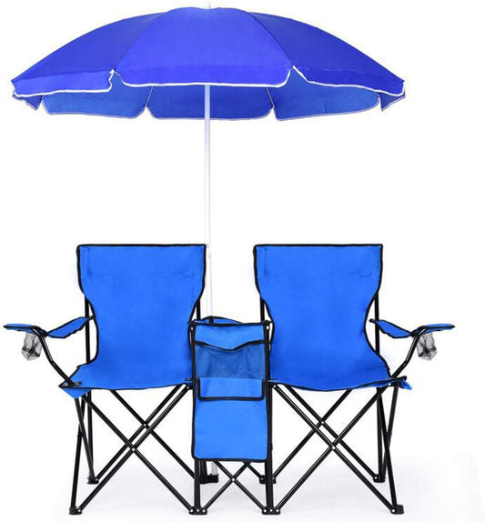 Goplus dubbele campingstoel met parasol en tafeltje 🪑