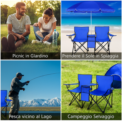 Goplus dubbele campingstoel met parasol en tafeltje 🪑