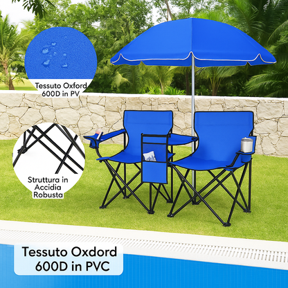 Goplus dubbele campingstoel met parasol en tafeltje 🪑