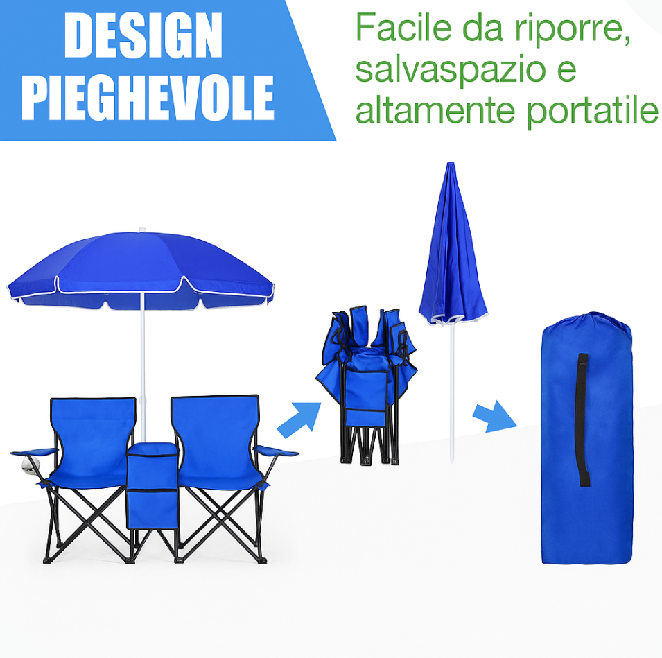 Goplus dubbele campingstoel met parasol en tafeltje 🪑